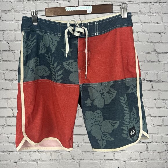 Quiksilver Blue Floral Red Colorblock Swim Trunks Board Shorts Size 30x19 - Picture 1 of 8
